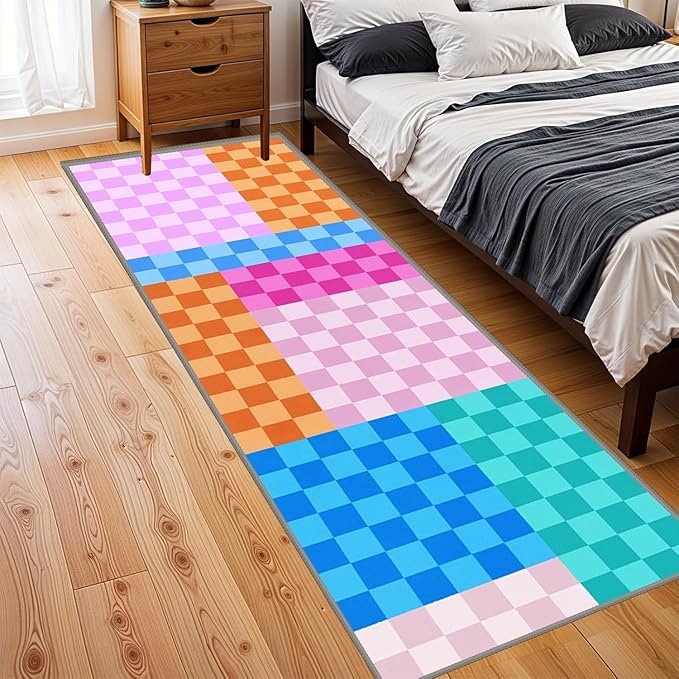 Multicolored Checkerboard Grid Runner for Entryway, 3.3x10ft, Boho Colorful Checkered Pattern Kids Playing Mat, Cozy Soft Absorbent Reduce Noise Rugs, Durable Washable Carpet for Family