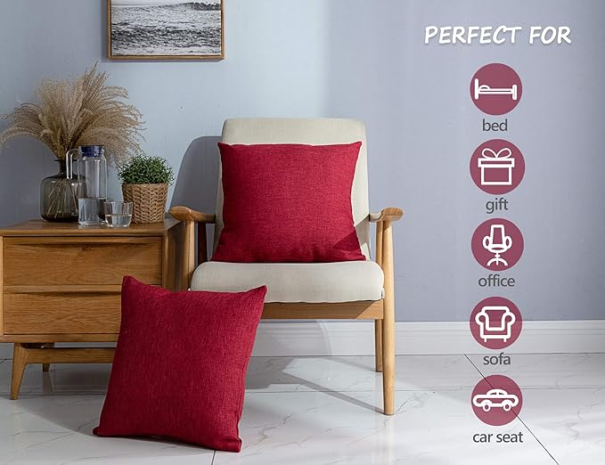 Stellhome Burlap Throw Pillow Covers Square Solid Linen Decorative Cushion Covers for Bed Couch Sofa Bench, 16 x 16 inch (40 cm), Red, Set of 2