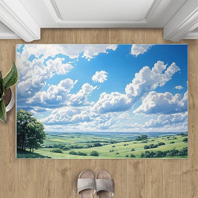 Sky and Clouds 4x5 Area Rugs for Living Room -Grassland and Pasture Washable Rug Rural Landscape Non-Slip Carpet Indoor Floor Stain Resistant Thin Carpets for Bedroom Dining Room Home Office