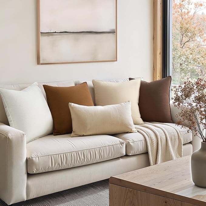 Neutral Brown Linen Pillow Covers Pack of 4 Decorative Natural Solid Throw Pillow Covers Soft Accent Boho Farmhouse Couch Pillowcases Modern Home Decors for Living Room Bed Sofa 18x18 Inch