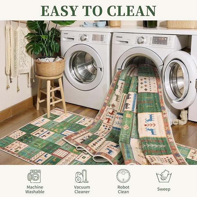 Tangsoo 3x5 Washable Rug, Vintage Throw Rugs Non Slip, Soft Low Pile Floor Rug Tribal Indoor Area Rugs Carpet for Living Room Bedroom Office Laundry Bedside Entrance Entryway Farmhouse(Green Beige)