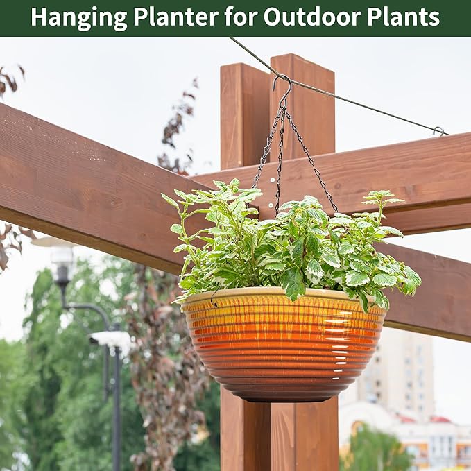 12 inch Large Hanging Planters for Indoor Outdoor Plants, Set of 2 Glazed Hanging Flower Pots with Drainage Hole, Hanging Baskets for Garden Home Porch Decor