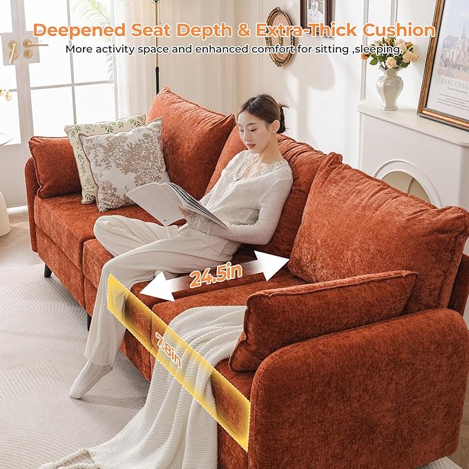 73'' Loveseat Sofa with Seats Storage, Modular Sectional Sofa with Movable Ottoman,Oversized Comfy Couches with Deep Seat,7.8'' Cushion,Couch for Living Room,Bedroom,Chenille,Orange