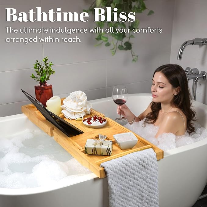 Home It Premium Foldable Bathtub Tray - Bamboo Waterproof Bath Tray for tub Caddy - Wooden Holder for Wine, Book, Soap, Phone, Luxury Gift for Men & Women - Expandable, Fits Most Tubs in Bathroom