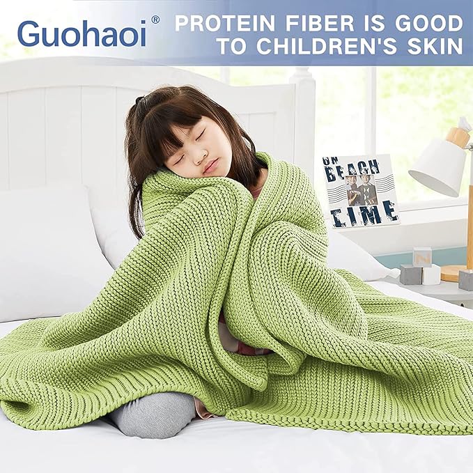 Guohaoi Knitted Weighted Blanket for Adults (Light Green 60"x80" 17lbs) No Beads Cooling Throw Blanket for Hot Sleepers, Home Decor Breathable Chunky Knit Heavy Blanket Use on Queen/King Size Bed