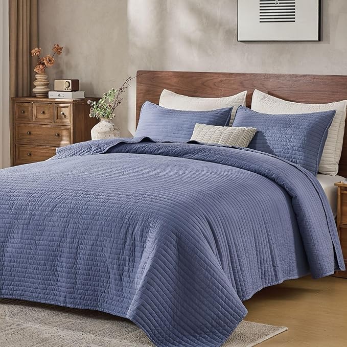 DOWN HOME Queen Quilt Bedding Set with Shams, Vintage Washed Soft Quilted Blanket Thin Comforter Lightweight Bedspread Coverlet Bed Cover, Brushed Microfiber Stripe Stitching, Vintage Denim, 86"x90"