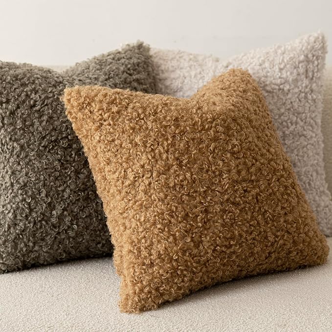 Foindtower Set of 2 Curly Teddy Wool Pillow Covers Decorative Boucle Textured Lumbar Throw Pillow Faux Fur Pillowcases Sheepskin Cushion Case for Sofa Bedroom Car 12"x20" Bronze