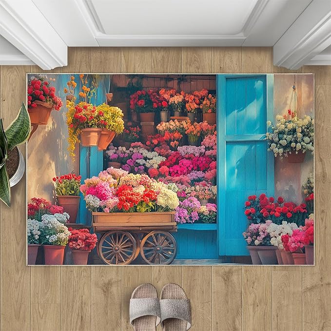 Pastoral Flowers 3x4 Area Rug Colorful Flower Shop Washable Rugs for Living Room Bedroom, Retro Wooden Door Soft Low Pile Non Slip Accent Floor Mat Print Throw Rug Indoor Carpet Dining Room Playroom