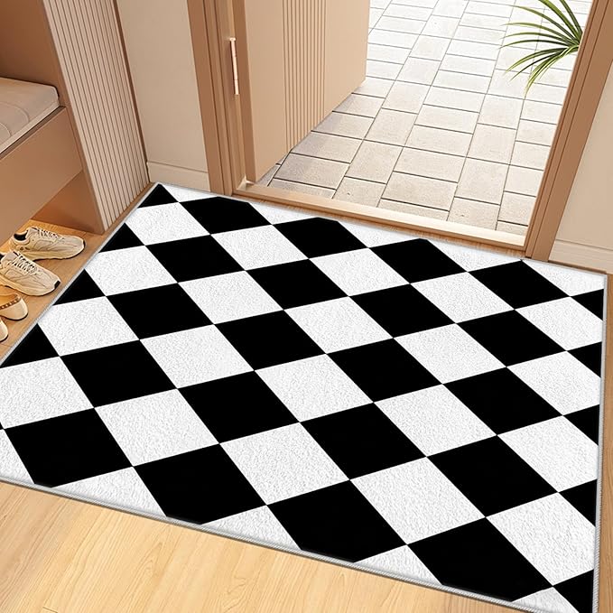 Checkered Rug, Black White Rug, Washable Rugs 4x5, Geometric Rhombus Plaid Area Rugs, Grid Gingham Carpet for Living Room Non Slip Home Decor