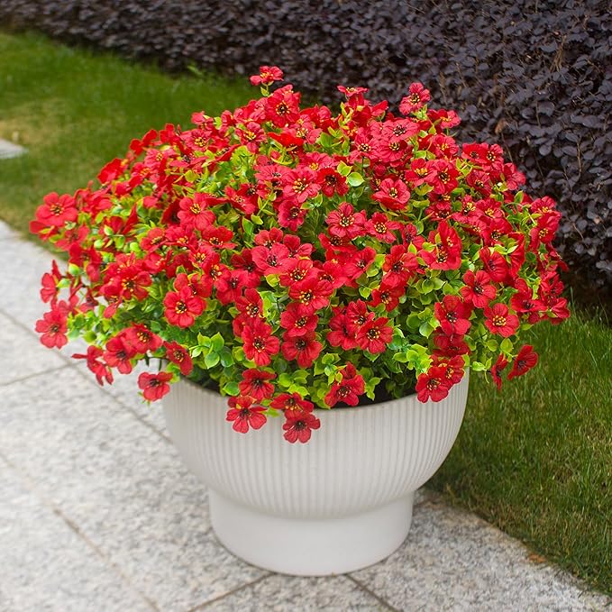 Red Artificial Outdoor Flowers 12 Bundles Silk Fake Daisy Plants Outside Realistic Garden Decor for Patio, Yard, and Landscaping (Red Daisy)