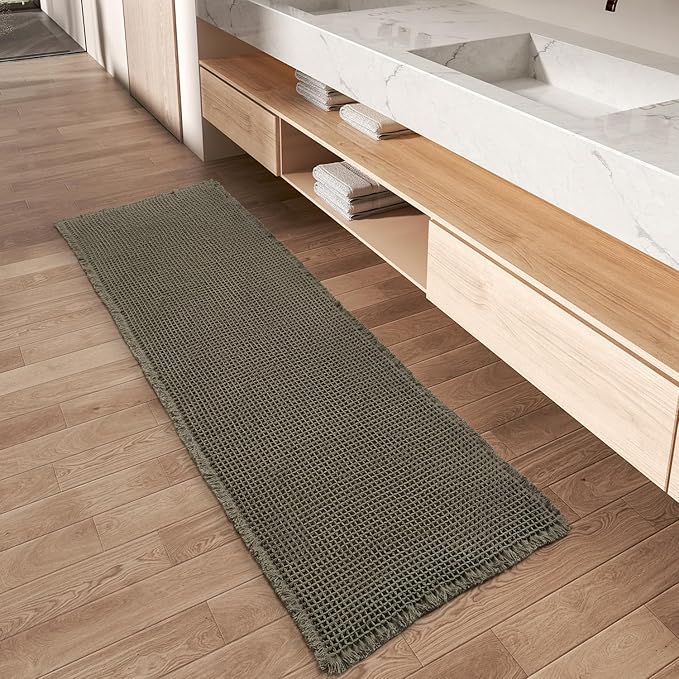 Upgraded Waffle Runner Rug, Super Absorbent Non Slip Bath Mats for Bathroom Floor, Machine Washable Bathroom Runner Rug with Tassels, Ideal for Hallway Bedroom Laundry Room, Dark Green, 17" x 48"