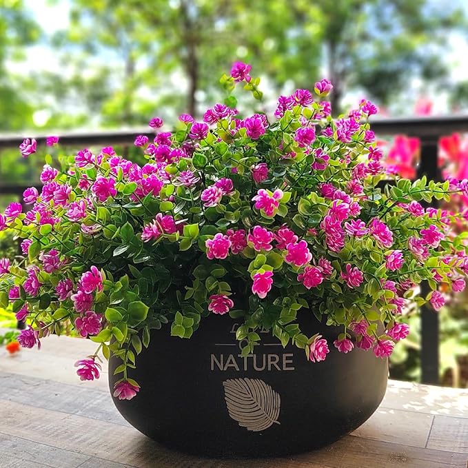 12 Bundles Artificial Flowers for Outdoors, UV Resistant Fake Flowers with Plastic Plants, Faux Flowers for Outside Window Box Front Porch Hanging Planter Decor (Magenta)