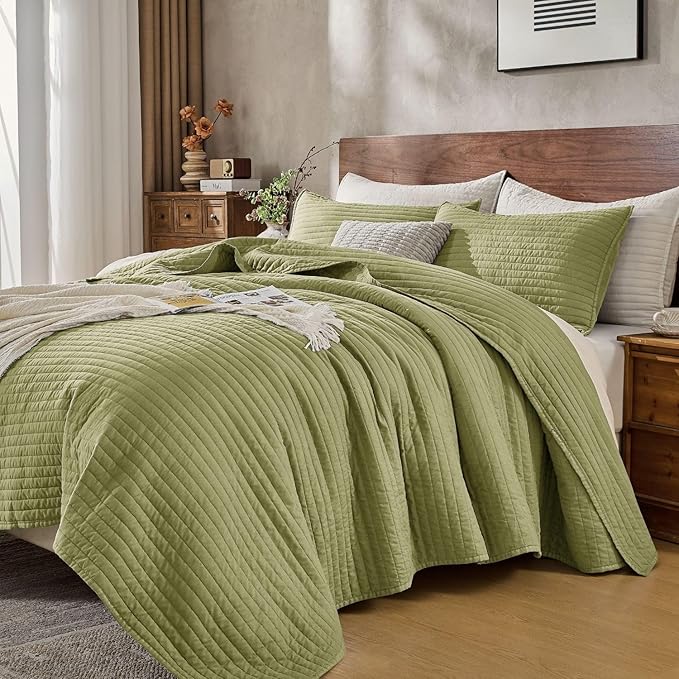DOWN HOME King Quilt Bedding Set with Shams, Vintage Washed Soft Quilted Blanket Thin Comforter Lightweight Bedspread Coverlet Bed Cover, Brushed Microfiber Stripe Stitching, Golden Olive, 104"x90"