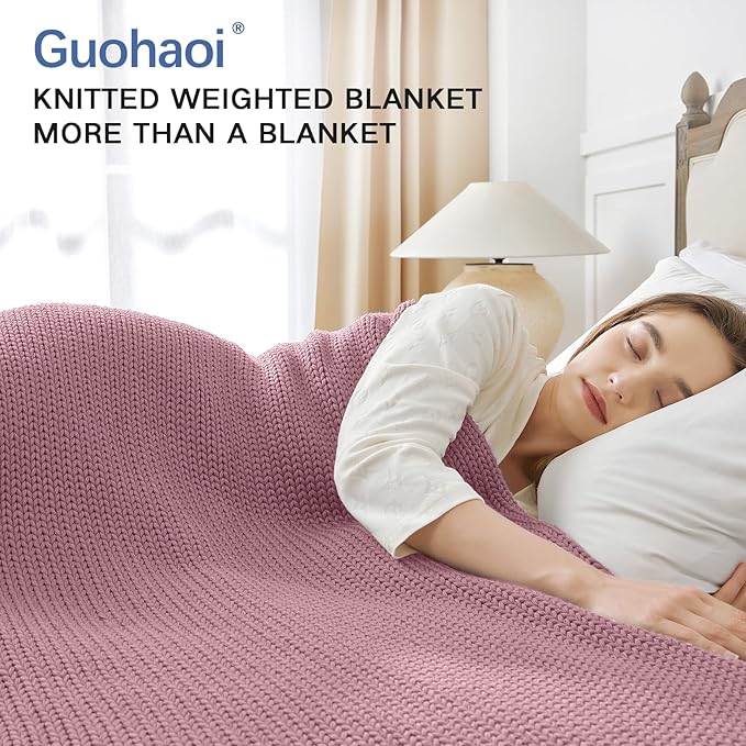 Guohaoi Knitted Weighted Blanket for Adults (Muted Pink 50"x75" 12lbs) No Beads Cooling Throw Blanket for Hot Sleepers, Home Decor Breathable Chunky Knit Heavy Blanket Use on Full Size Bed