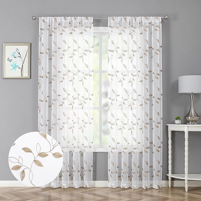 Tollpiz Taupe Leaf Sheer Curtain Leaves Embroidered Living Room Curtains Rod Pocket Voile Window Treatment for Bedroom, 54 x 72 inches Long, Set of 2 Panels