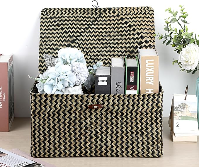 Hipiwe Wicker Shelf Baskets Bin with Lid, Handwoven Seagrass Basket Storage Bins Rectangular Household Basket Boxes for Shelf Wardrobe Home Organizer,Black,Large