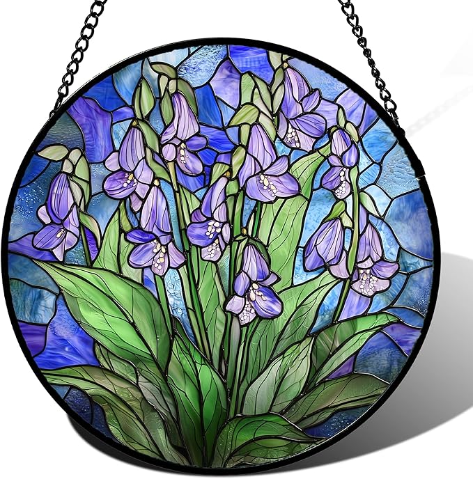 Stained Glass Suncatcher, Blue Purple Flowers Green Leaves Sun Catcher Plants Stain Glass Window Hanging Decoration Mother's Day Birthday Gifts for Women Men Mom and Nana 9.8 in