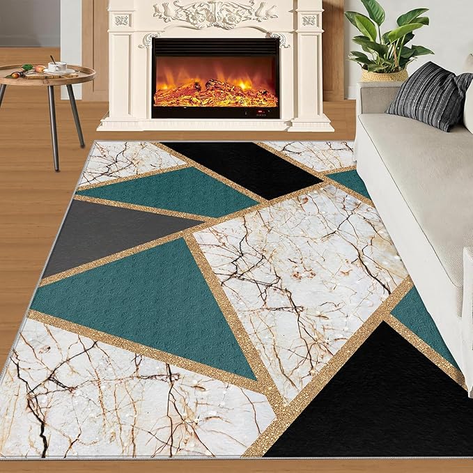 Emerald Green Marble Rug Modern Geometric Marble Area Rugs Light Luxury Geometric Striped Carpet Vintage Stone Crack Rug for Bedroom Living Room 2x3ft