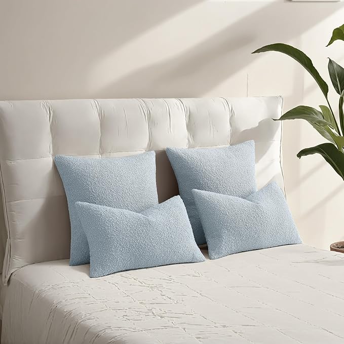 HAUSSY Set of 2 24x24 Decorative Throw Pillow Covers, Soft Cozy European Pillow Shams Textured Boucle, Home Decor for Couch Bed Living Room, Dusty Blue