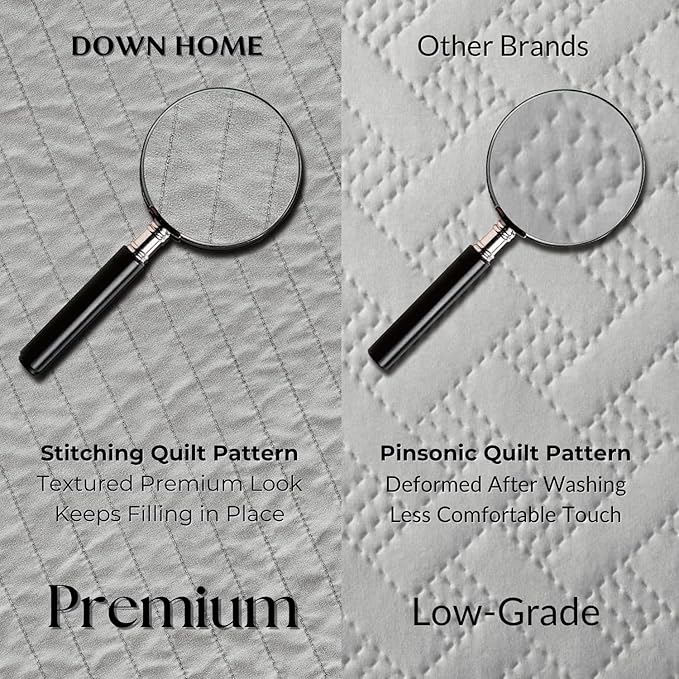 DOWN HOME Queen Quilt Bedding Set with Shams, Vintage Washed Soft Quilted Blanket Thin Comforter Lightweight Bedspread Coverlet Bed Cover, Brushed Microfiber Stripe Stitching, Light Gray, 86"x90"