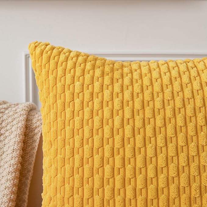 Kevin Textile 2 Packs Decorative Throw Pillow Covers for Couch Striped Velvet Boho Cushion Covers for Chair 40x40 cm 16 x 16 Inch Yellow
