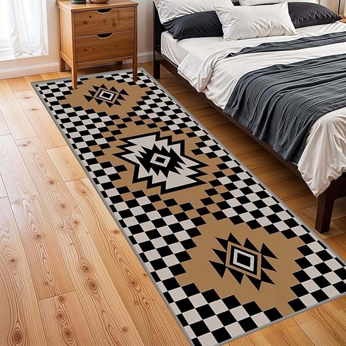 Western Aztec Long Hallway Rug Runners, 2.6x7ft, Modern Brown Diamond Check Area Carpet for Living Room, Easy Clean Fade Resistant Durable Foldable Pet Friendly Rugs for Front Door