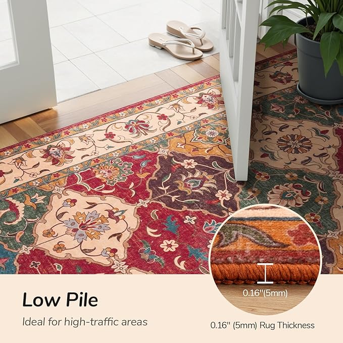 Lessymo Moroccan Washable Area Rugs 5x7, Soft Rugs for Living Room Bedroom, Indoor Non-Slip Large Vintage Carpet for Entryway Home Office, Classic Red and Cream