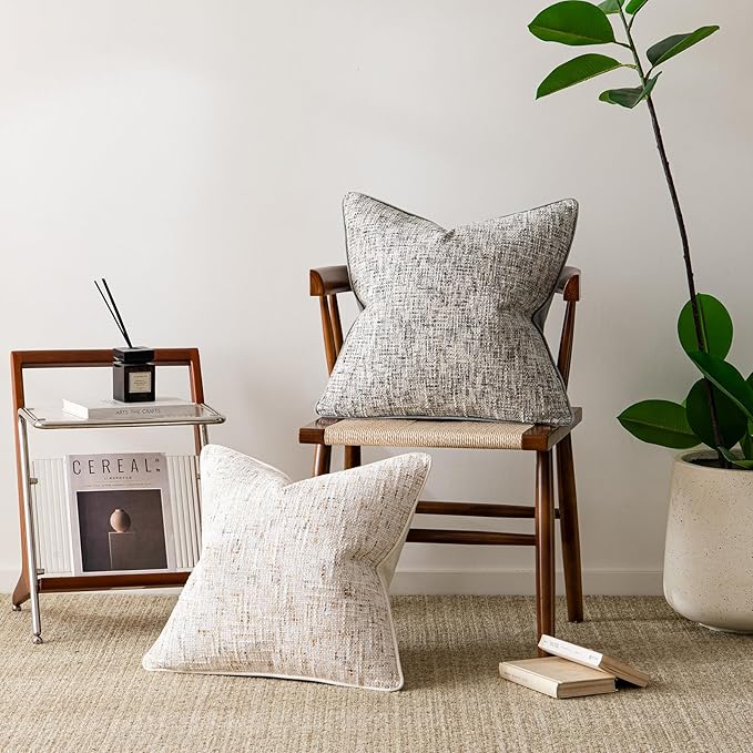 a moment Grey Reversible Pillow Covers 2 Pack - Farmhouse Chenille Throw Pillows, Neutral Textured Decorative Throw Pillow Covers with Border for Couch Sofa Bed (20x20 Inch, No Insert)