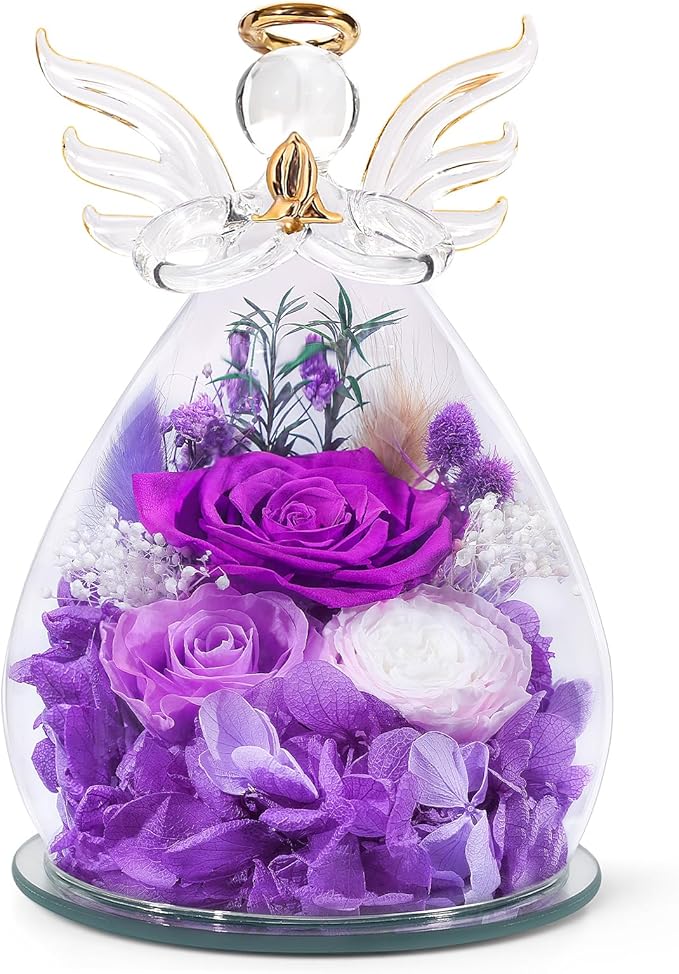 FIACO Gifts for Women Birthday Gifts for Mom Preserved Rose Forever Flower in Glass Angel Figurines Fresh Flowers for Delivery Prime Real Purple Roses for Grandma Sister Wife Her from Daughter