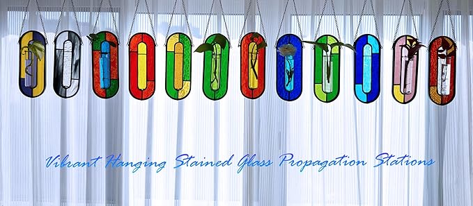 LITMIND Transparent Blue Stained Glass Propagation Station - Handcrafted Suncatcher Hanging Planter with 2 Glass Tubes, Multi-Color Hydroponic Wall Décor for Windows, Home & Garden