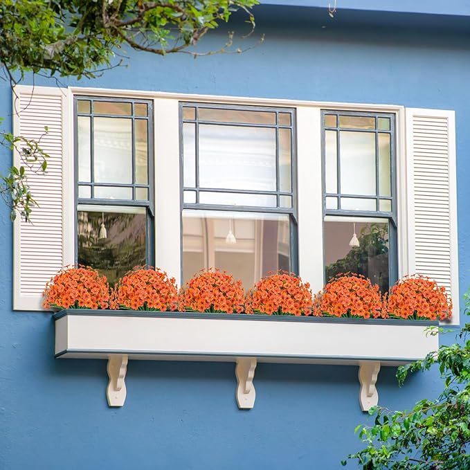 Outdoor Artificial Flowers 21 UV Resistant Bundles Fake Flower Plastic Plants Faux Silk Flowers Porch Hanging Garden Porch Window Box Decorating (Orange)
