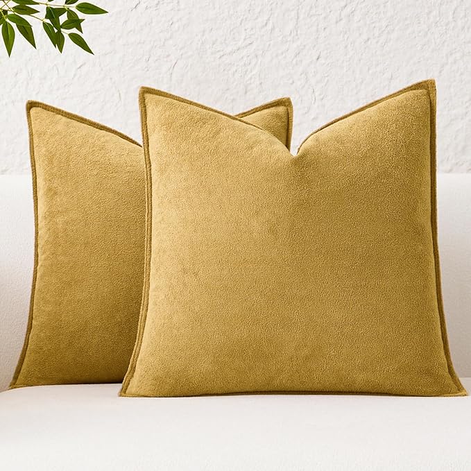 Kevin Textile Waterproof Decorative Pillow Covers Mustard Yellow 26x26 Inch Pack of 2 Soft Boucle Textured Euro Pillowcases Elegant Accent Pillows for Couch Sofa Chair Bed Home Decor Indoor Outdoor