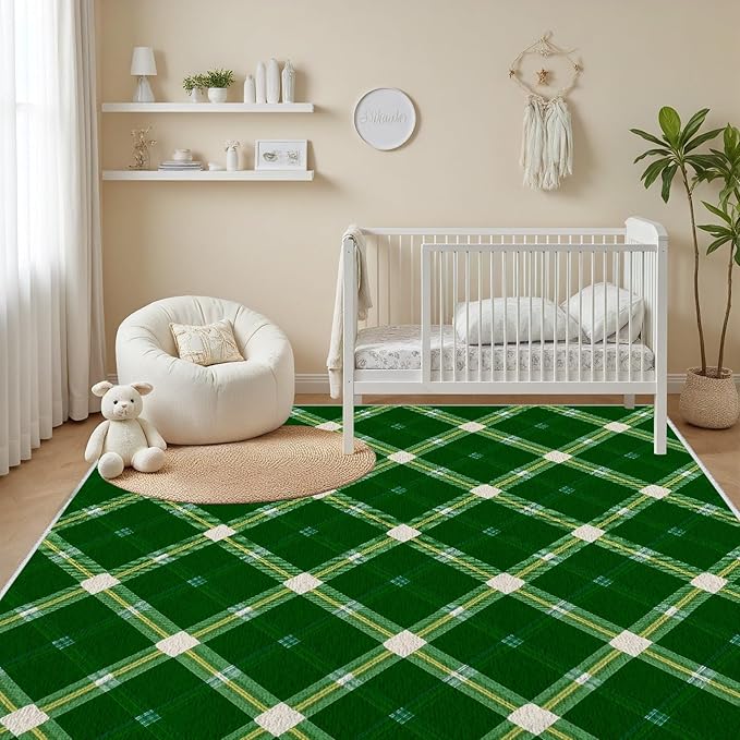 Plaid Rug - 4x6 Rug for Living Room, Geometric Stripes Soft Neutral Indoor Floor Carpet, Non-Slip Stain Resistant Modern Washable Rugs for Bedroom, Green Area Rugs