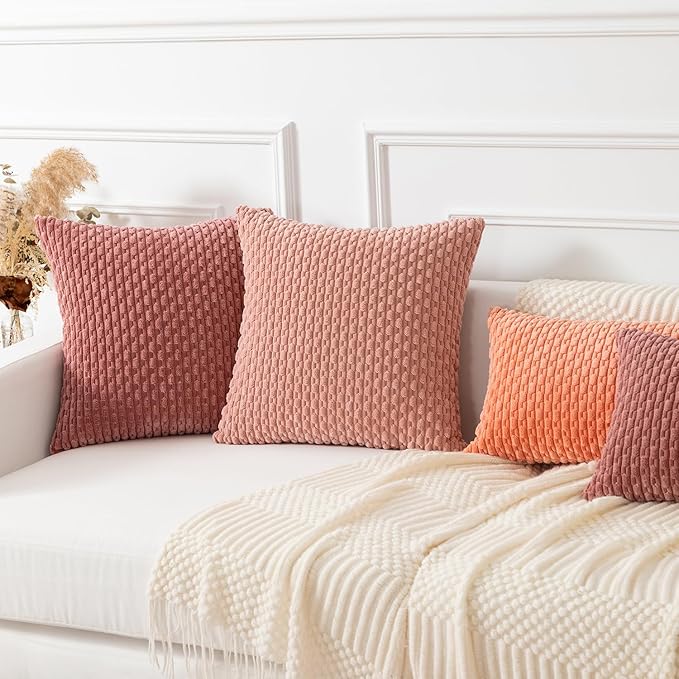 Kevin Textile Throw Pillow Covers Soft Corduroy Decorative Set of 2 Boho Striped Pillow Covers Valentines Day Pillowcases Farmhouse Home Decor for Couch Bed Sofa Living Room 20x20 Inch Blush Pink