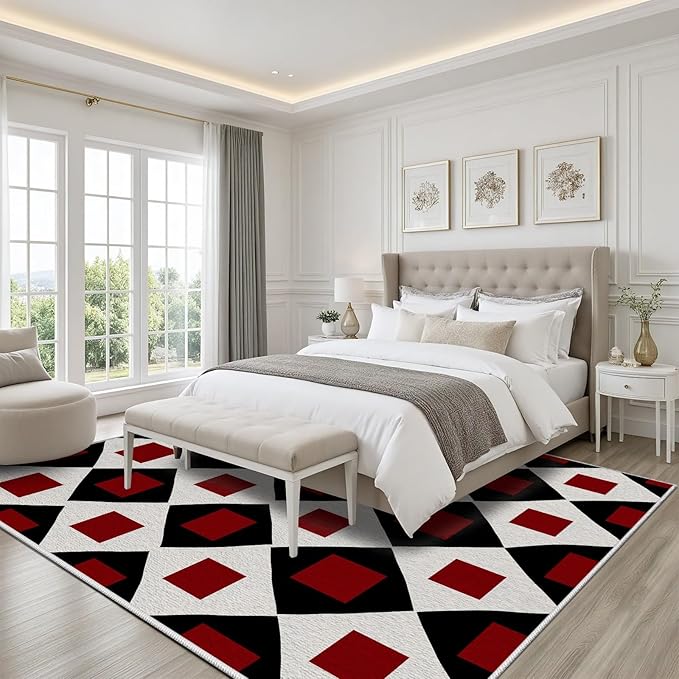 Plaid Rug 5x7, Vintage Geometric Soft Ultra Soft Faux Wool Low Pile Rug, Indoor Floor Mats Carpet, Non-Slip Stain Resistant Washable Rugs, Modern Red Rugs for Living Room Home Office Decor