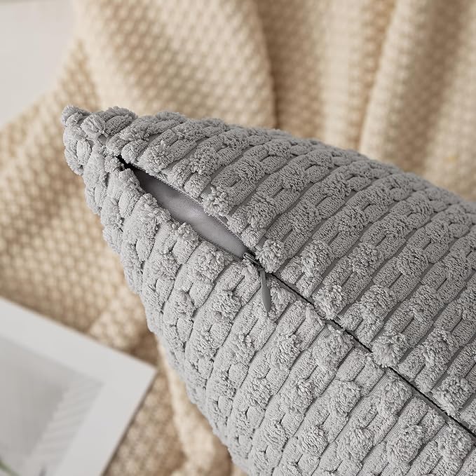 Kevin Textile Set of 2 Super Soft Striped Corduroy Velvet Decorative Euro Throw Pillow Sham Cushion Cover for Bed 20x20 Inch(50cm) Light Grey