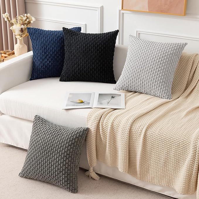 Kevin Textile Euro Sham Pillow Covers 28x28 Inch 2 Packs Soft Boho Striped Corduroy Decorative Throw Pillows for Living Room Couch Bed Sofa Rustic Farmhouse Home Decor 71x71cm Navy Blue