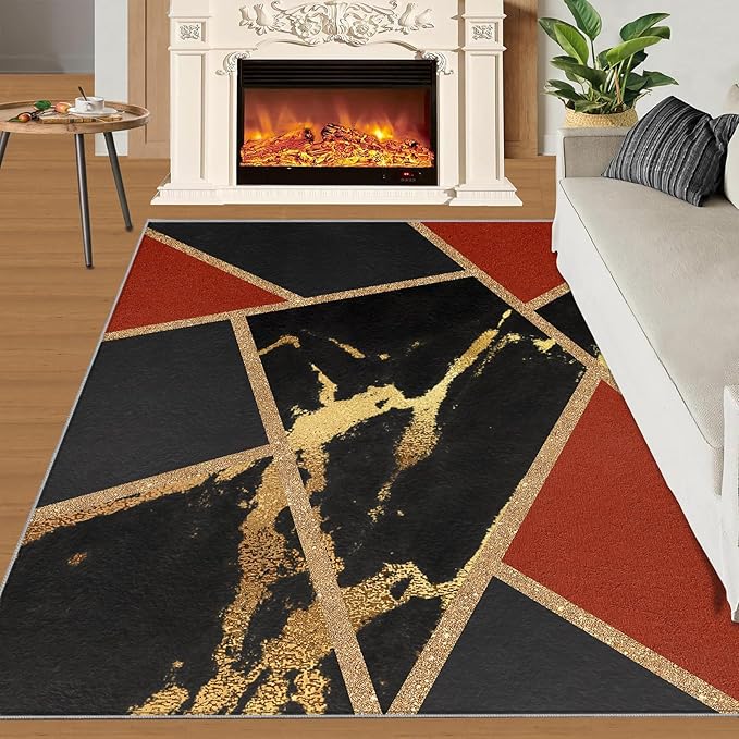 Black Gold Marble Area Rug Modern Abstract Marble Rug Polygonal Geometric Patchwork Carpet 3D Light Luxury Geometric Line Carpet for Living Room Playroom 8x10ft