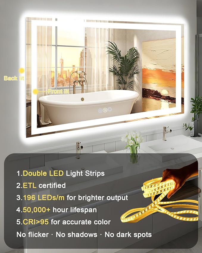 36"x 36" LED Bathroom Mirror, 3 Colors Vanity Mirror with Lights, Front and Backlit Bathroom Mirror with Lights, LED Smart Mirror for Wall, Tempered Glass, Anti-Fog, Stepless Dimmable, Memory(ETL)