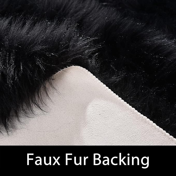 Latepis 2x10 Runner Black Faux Sheepskin Fur Rug Washable Shag Rugs Fluffy Carpet for Bedroom for Home Decor Rectangle