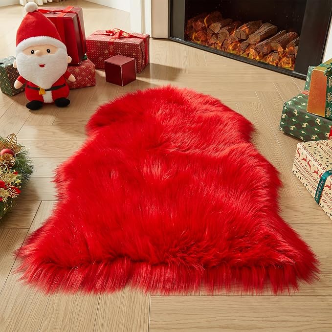 AMTOVO Faux Fur Rug, Red Small Area Rug, Fluffy Sheepskin Rug, Fuzzy Ultra Soft 2 x 3 ft Shag Rugs for Bedroom Sofa Throw Cushion Room Decor, Sheepskin