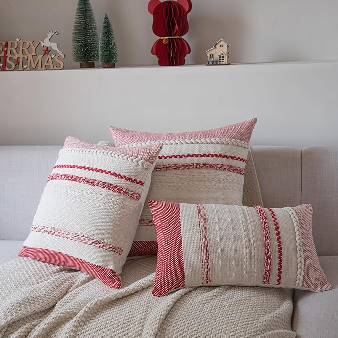 Valentines Pillow Covers 18x18 Inch Set of 2, Red Textured Boho Valentines Day Decoration Pillow Cases for Farmhouse Home Decor, Accent Cushion Cover for Sofa, Bed, Living Room, Bedroom