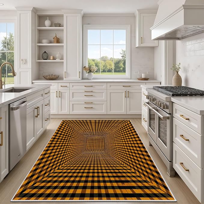 3D Rugs Optical Illusion - Plaid Rug 4x6, Geometric Stripes Soft Neutral Indoor Floor Mats Carpet, Non-Slip Stain Resistant Modern Orange Rug for Bedroom, Living Room Rugs