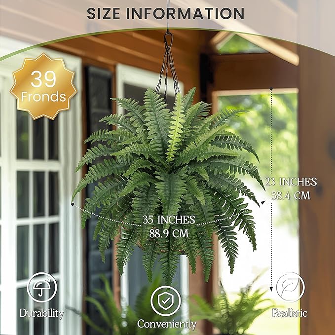 35" Fake Ferns, 4 Large Artificial Bonston Ferns Bushes Plants with 39 Fronds for Outdoors Garden Patio Porch Entrance Low Maintain Home Decor