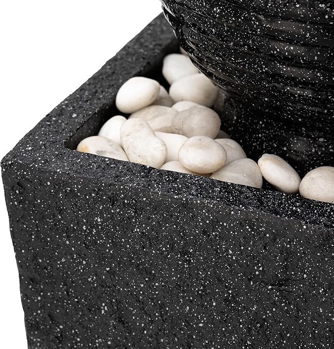 Glitzhome Outdoor Water Fountain with LED Light, Oversized Decorative Black Pedestal Water Fountains with Submersible Pump, Modern Sphere Floor Fountain with Pebbles for Garden Patio Decor, 40.75”H