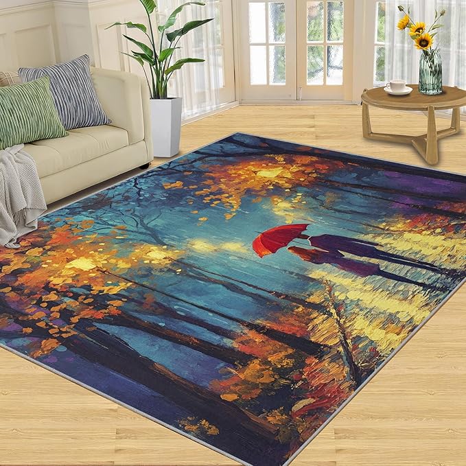 London Streets Washable Rugs 3x5 Rug for Living Room, Rainy Night Oil Painting 3x5 Rug Autumn Landscape Low-Pile Carpet for Bedroom Dining Non Slip Mat with Rubber Back