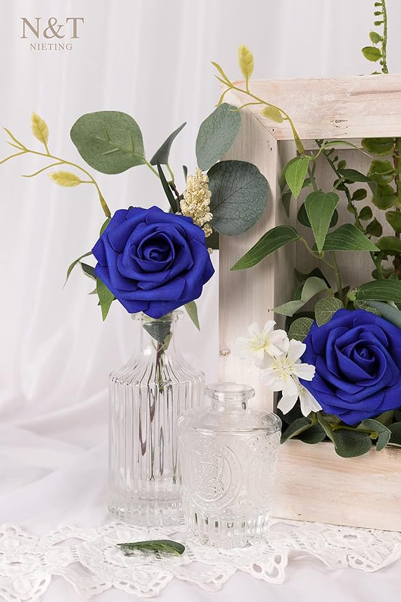 N&T NIETING Artificial Flowers, Royal Blue Fake Flowers Roses with Stems for DIY Wedding Bridal Bouquets Centerpieces Bridal Shower Party Home Flower Arrangement Decorations, 25Pcs