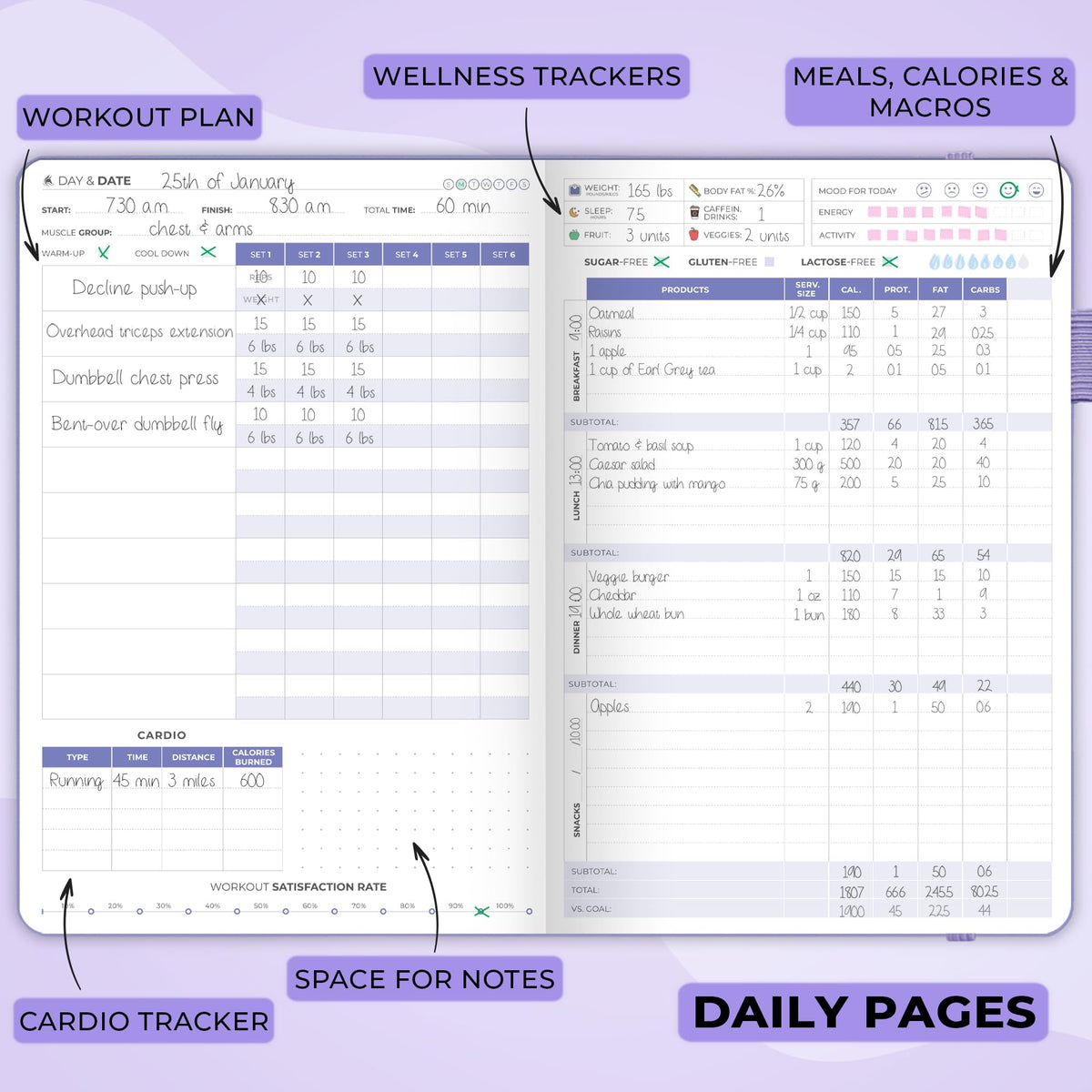 Clever Fox Fitness & Food Journal – Nutrition & Workout Planner for Women & Men – Diet & Gym Exercise Log Book with Calendars, Diet & Training Trackers - Undated, A5 Size, Hardcover (Lavender)