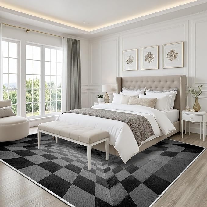 3D Rug 2x3, Plaid Soft Ultra Soft Faux Wool Low Pile Optical Illusion Rug, Indoor Floor Mats Abstract Geometric Carpet, Non-Slip Stain Resistant Washable Rugs, Modern Gray Rugs for Living Room