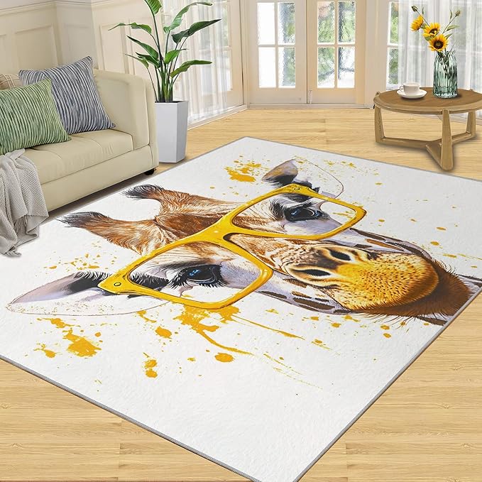 Giraffe 5x7 Area Rugs for Living Room, Funny Animals Washable Non Slip Rugs, Pop Art Low Pile Print Rug for Bedroom, Dining Room, Home Office